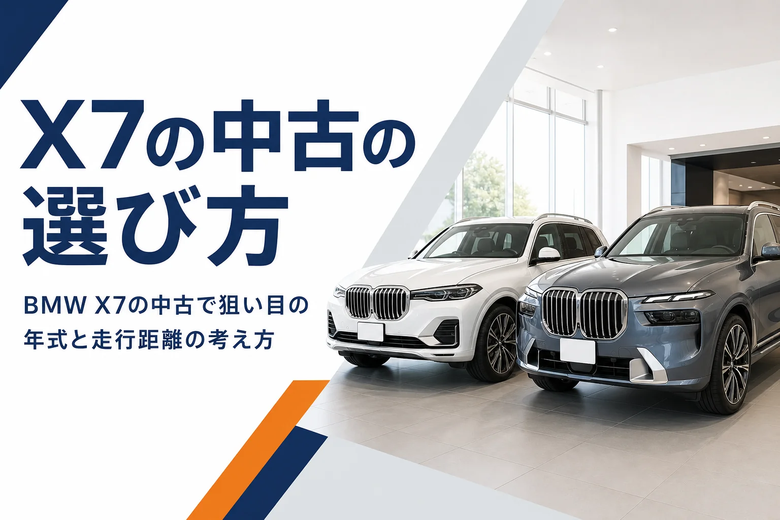 ショールームに並ぶ大型SUV2台とX7の中古の選び方という見出し