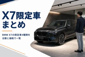 ショールームに展示されたマットブラックの大型SUVとX7限定車まとめの見出し