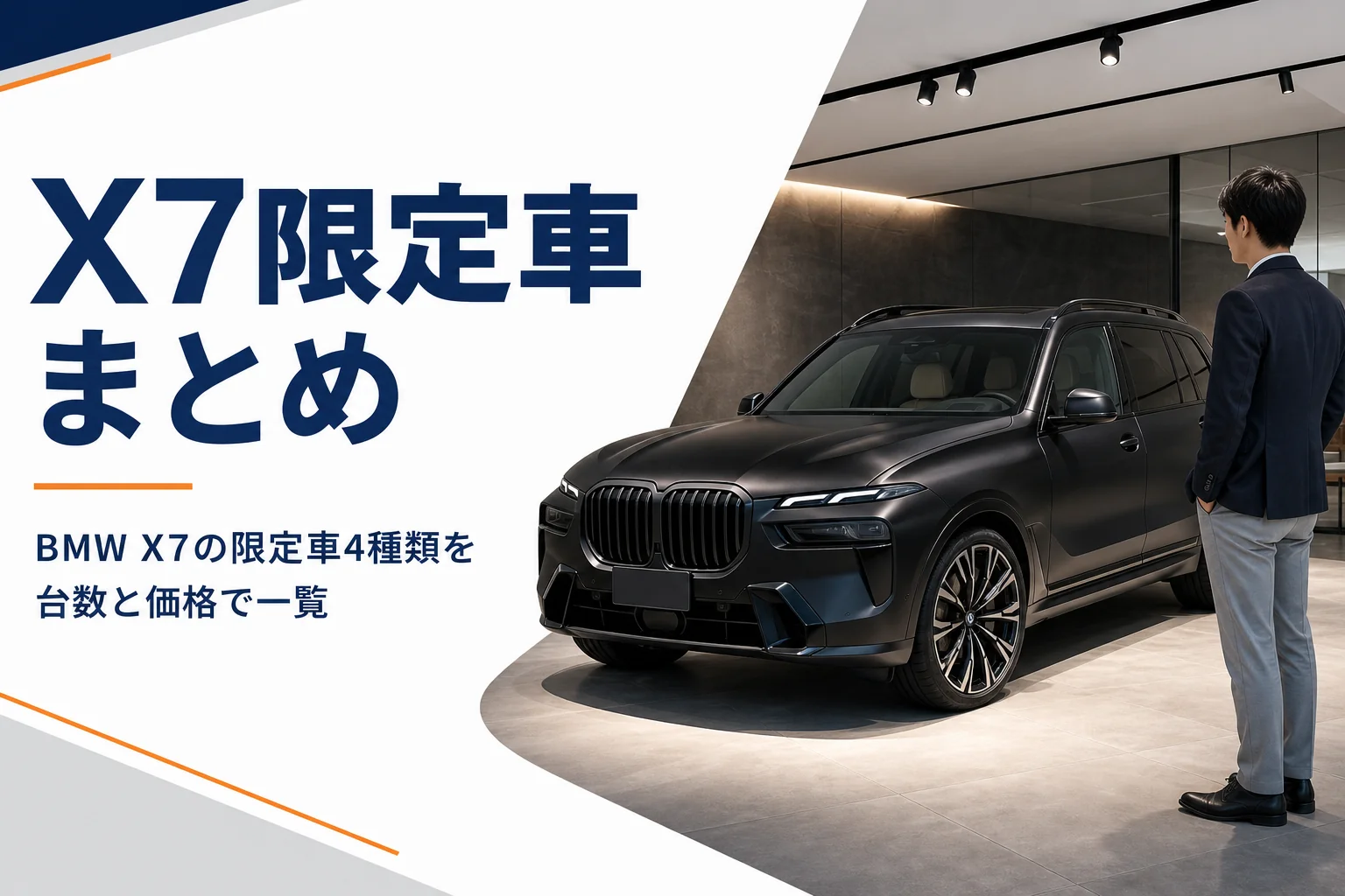 ショールームに展示されたマットブラックの大型SUVとX7限定車まとめの見出し