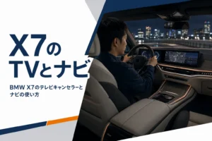 高級SUVの運転席から見た横長の湾曲ディスプレイ