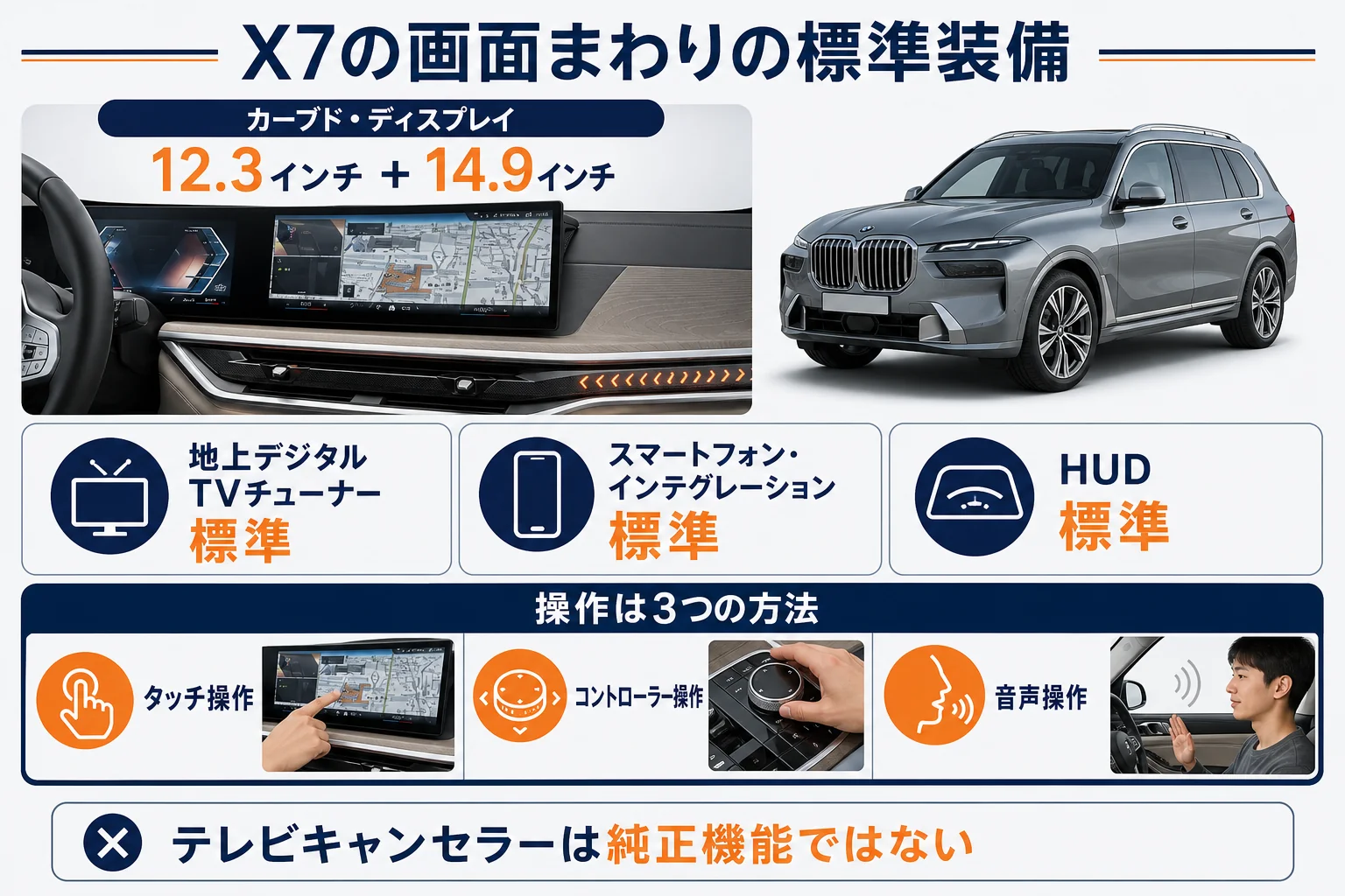 X7のナビ・テレビ・スマホ連携など標準装備と操作方法をまとめた図解