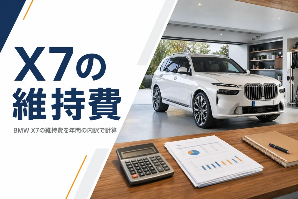ガレージの大型SUVと電卓・書類を写したX7の維持費記事のアイキャッチ