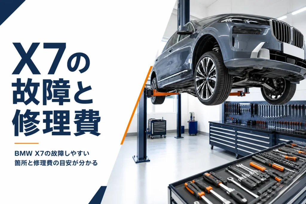 整備工場のリフトに上げられた大型SUV