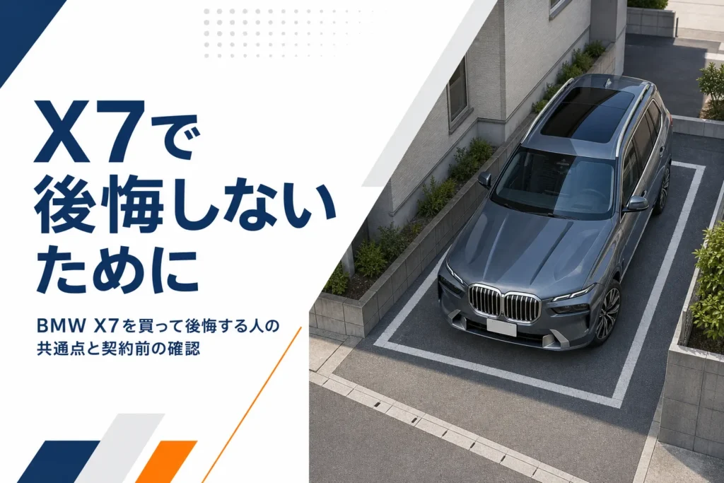 住宅街の駐車場に停まる大型SUVとX7で後悔しないためにという見出し