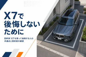 住宅街の駐車場に停まる大型SUVとX7で後悔しないためにという見出し