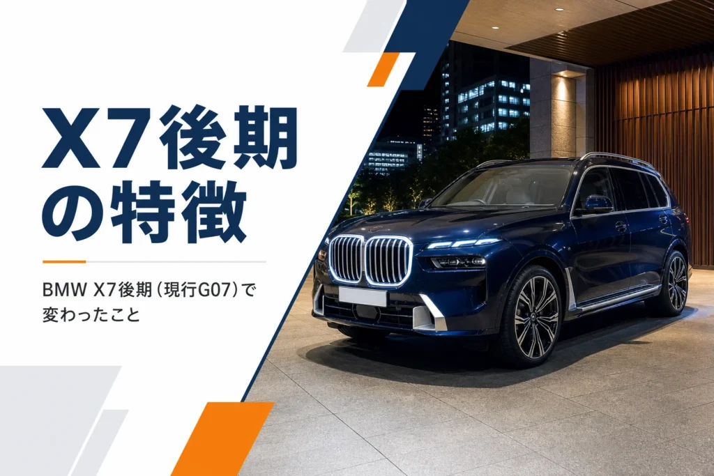 光るグリルと上下2段のライトが目立つ大型SUVを写したX7後期型の記事のアイキャッチ