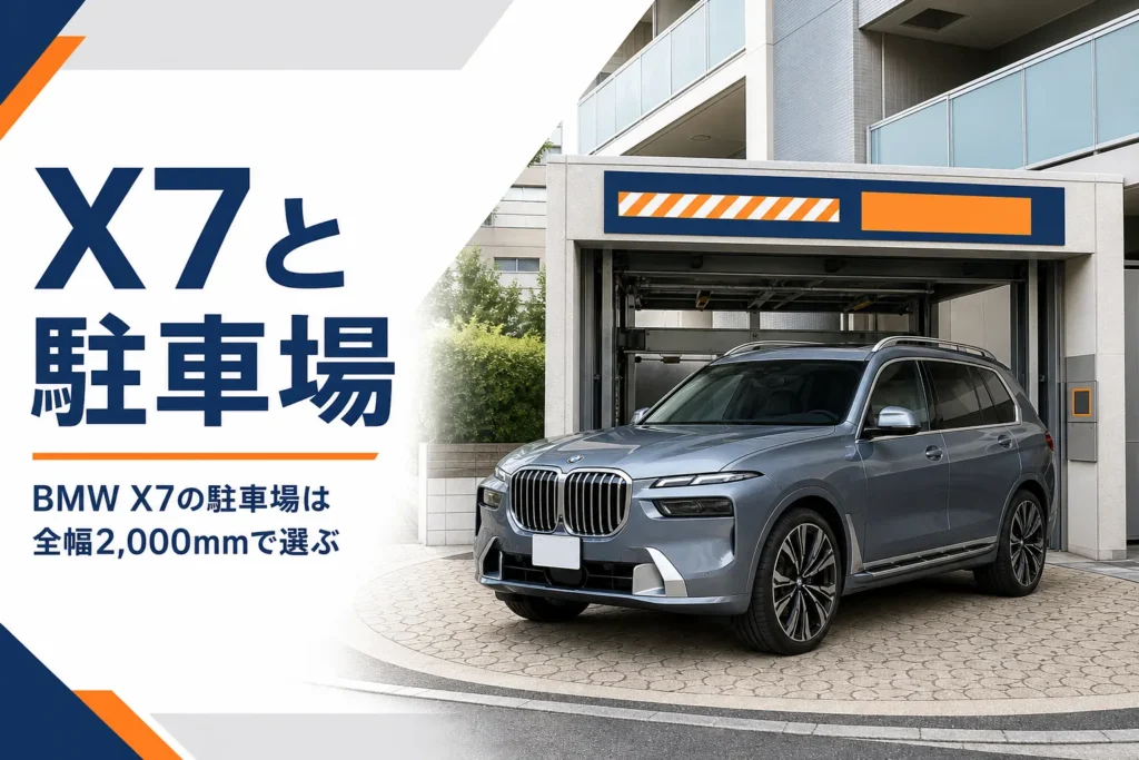 機械式駐車場の入口の前に止まる大型SUVとX7と駐車場という見出し