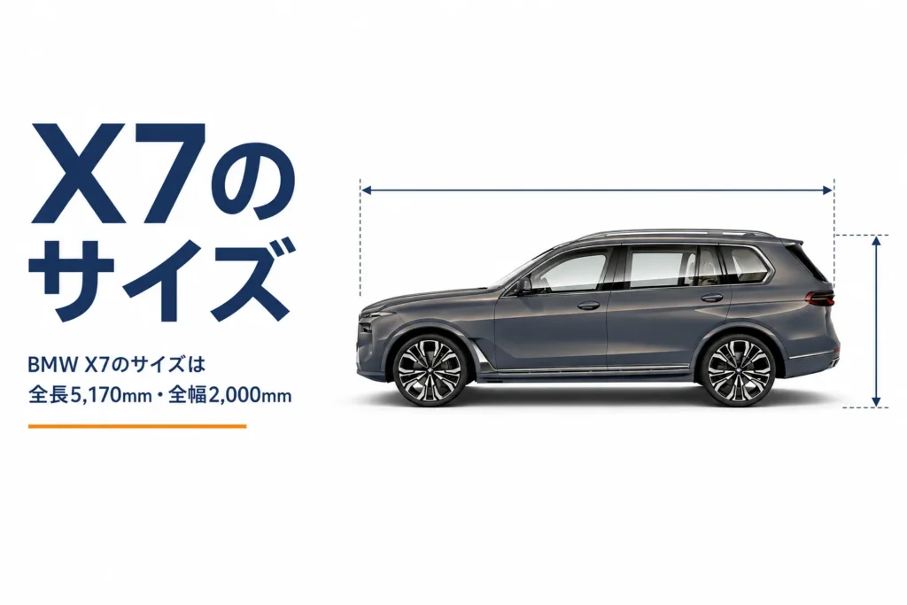 寸法線が引かれた大型SUVの側面とX7のサイズという見出し