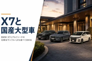 大型SUVと高級ミニバンが並んだBMW X7と国産大型車の比較イメージ