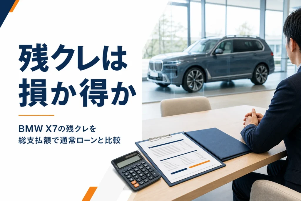見積書と電卓が置かれた商談テーブルと残クレは損か得かという見出し